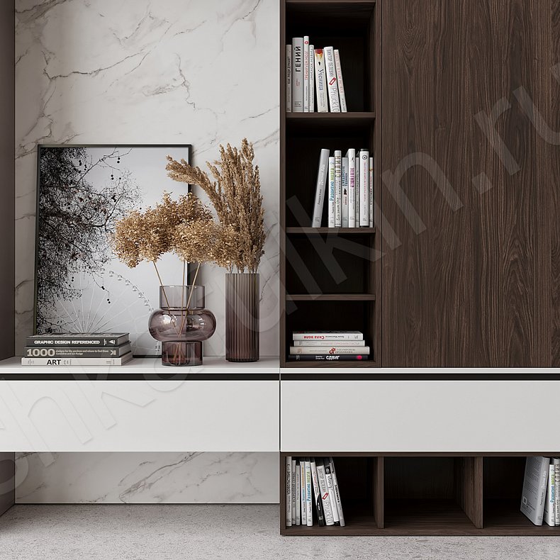 Изображение Стенка Фраппе Коричневый Древесный Светлые Современный 3х створчатые Гостиная Для книг Под ТВ Для вещей 3