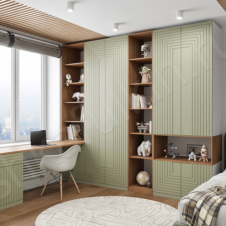 Детская Максимус Цветной Древесный Серый Синий Светлые Зеленый Минимализм 4х створчатые Детская Для книг Для декора Для вещей