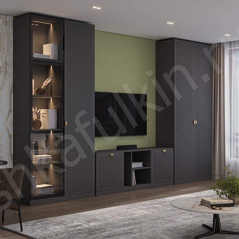 Изображение Стенка Пеппер Черный Темные Неоклассика 4х створчатые Гостиная Для книг Для декора Под ТВ 3