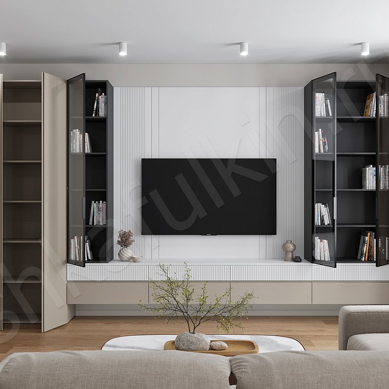 Изображение Стенка Айрис Коричневый Светлые Современный 5и створчатые Гостиная Для книг Для декора Под ТВ Для вещей 1