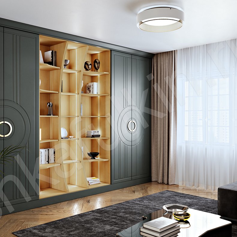 Шкаф встроенный Кьяра Цветной Темные Зеленый Неоклассика 4х створчатые Гостиная Для книг