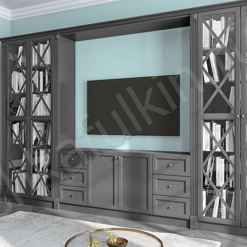 Изображение Стенка Фрейд Темные Серый Классика 4х створчатые Гостиная Для книг Под ТВ 3