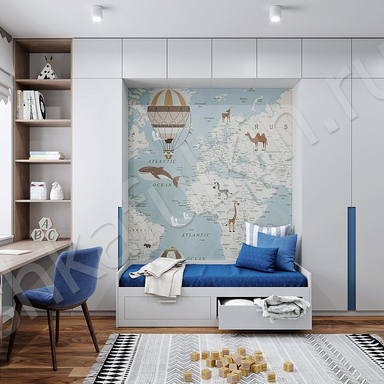 Изображение Детская Доминик Белый Синий Светлые Минимализм 3х створчатые Детская Для книг Для вещей 1