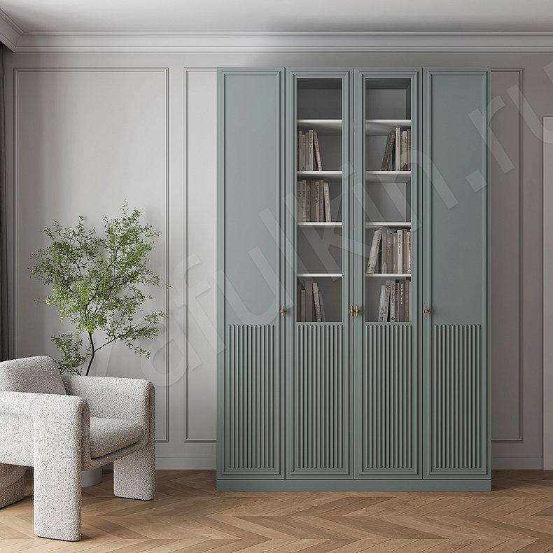 Изображение Шкаф 4 двери Мельпомена Темные Цветной Зеленый Неоклассика 4х створчатые Гостиная Для книг Для декора Для вещей 1