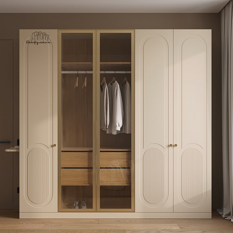 Шкаф Маурис Белый Коричневый Светлые Неоклассика 5и створчатые Гостиная Для книг Для декора Для вещей 1