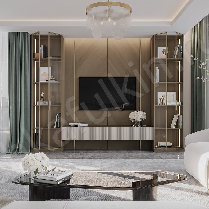 Изображение Стенка Энцелат Светлые Древесный Коричневый Современный 2х створчатые Гостиная Для книг Для декора Под ТВ 1