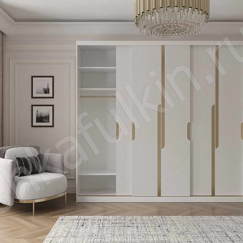 Изображение Шкаф-купе Зингер Белый Золото Светлые Неоклассика 3х створчатые Гостиная Для белья Для вещей 4