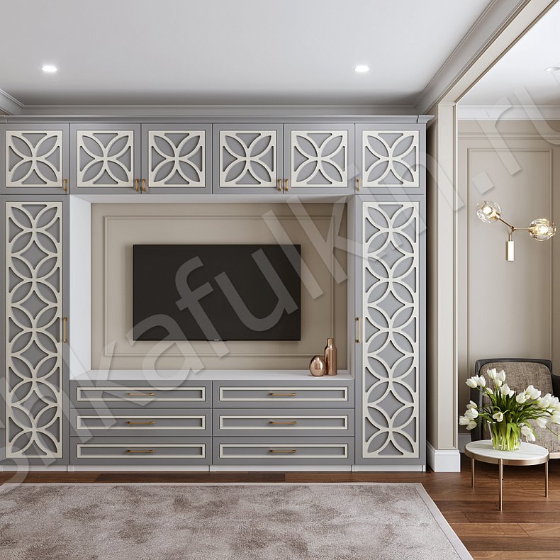 Изображение Стенка Меренга Белый Коричневый Серый Светлые Неоклассика 2х створчатые Спальня Под ТВ 4