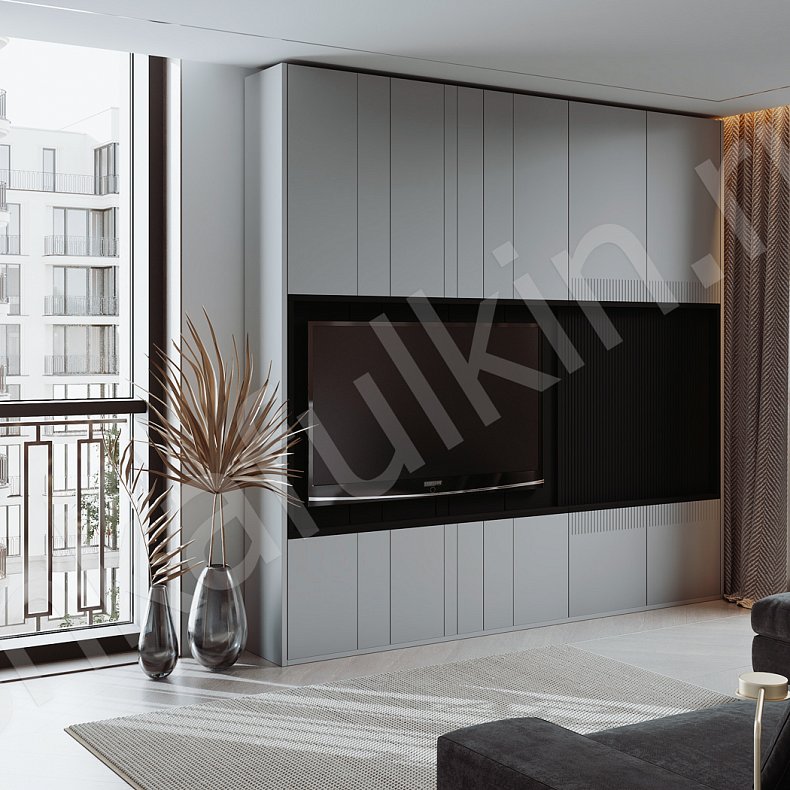 Изображение Стенка Фредерик Черный Светлые Серый Современный 6и створчатые Гостиная Для книг Под ТВ Для вещей 7