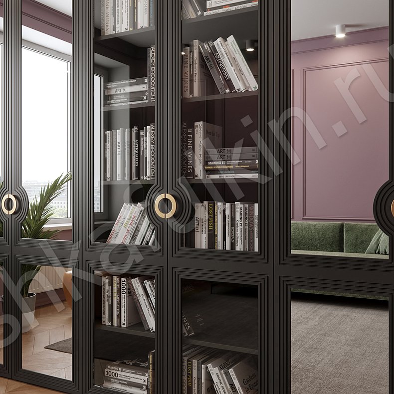 Шкаф-витрина Севилья Черный Золото Темные Неоклассика 4х створчатые Гостиная Для книг Для вещей 2