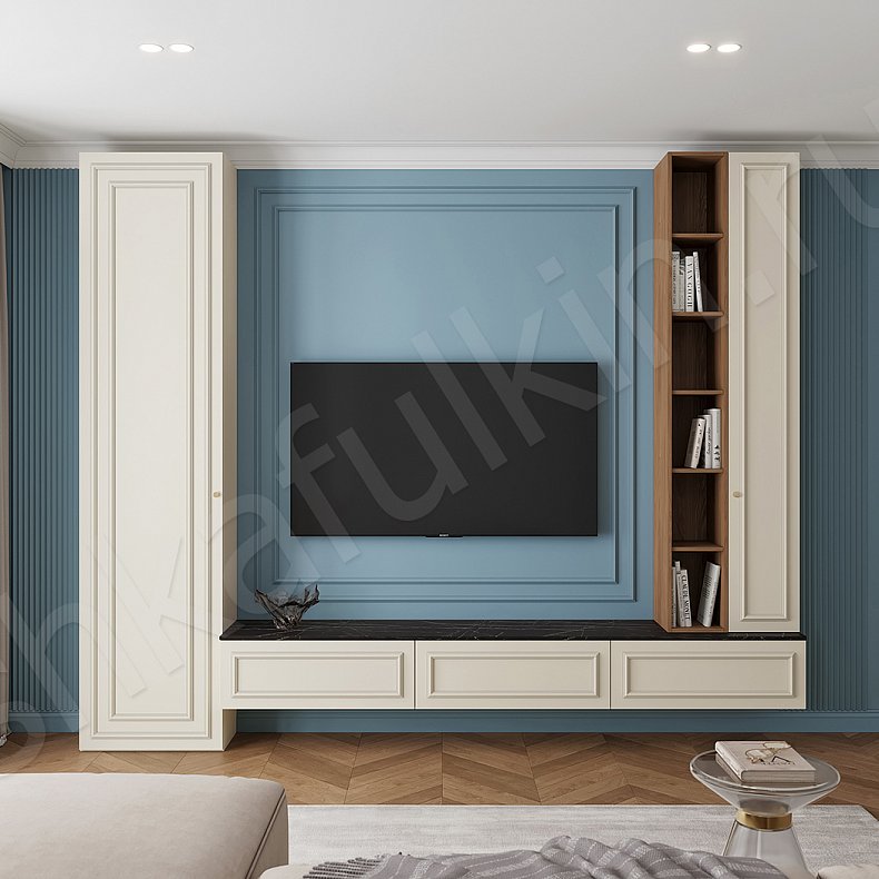 ТВ-стенка Джорджия Белый Древесный Коричневый Светлые Неоклассика 2х створчатые Гостиная Для книг Для декора Под ТВ