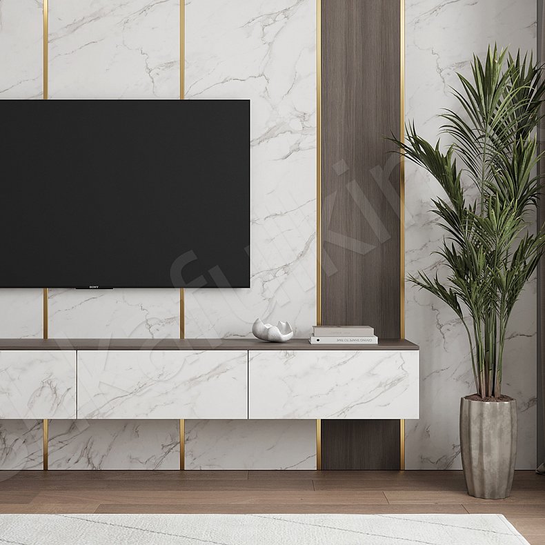 Изображение Стеновая панель и тумба Тангенс Светлые Древесный Белый Современный Гостиная Под ТВ 2