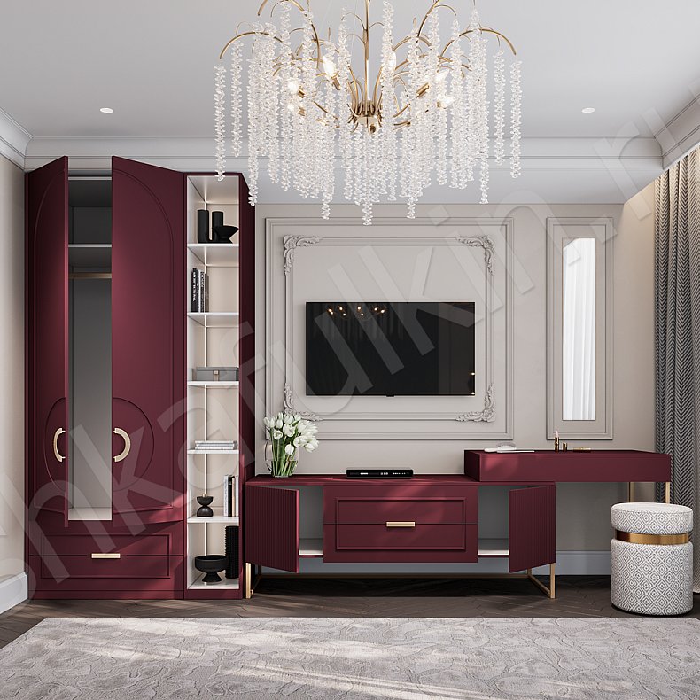 Изображение Гарнитур Маура Цветной Красный Синий Темные Неоклассика 2х створчатые Спальня Для белья Для вещей 14