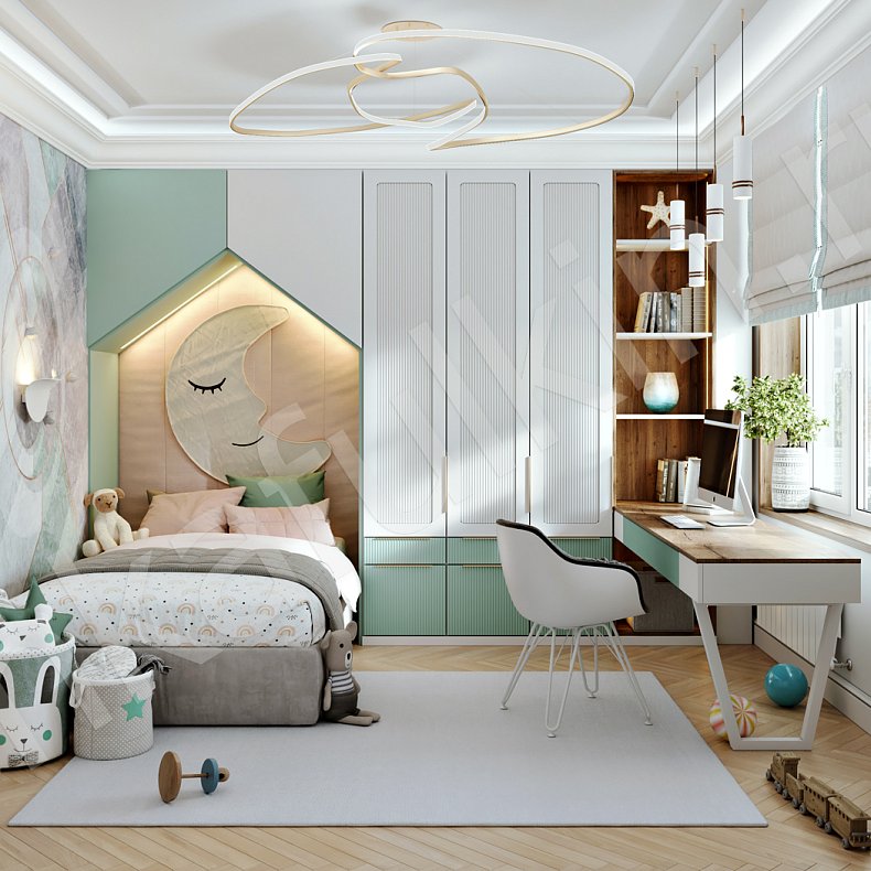 Детская Гринлайн Белый Цветной Светлые Зеленый Неоклассика 3х створчатые Детская Для книг Для декора Для вещей