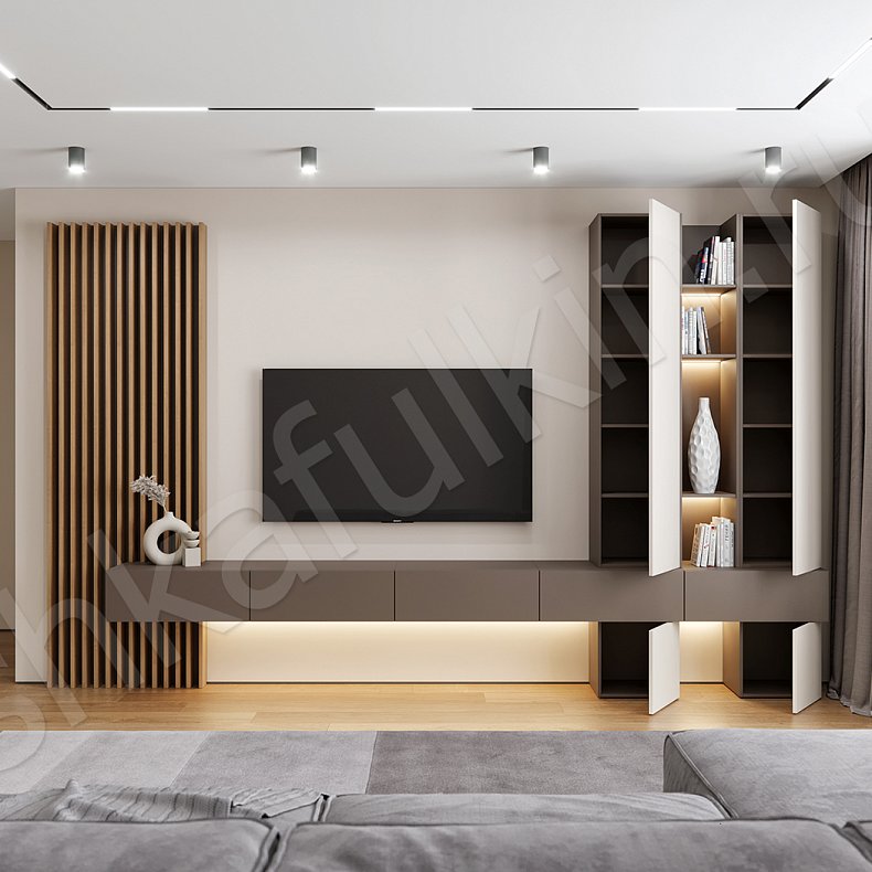 Изображение Стенка Экка Белый Коричневый Светлые Современный 2х створчатые Гостиная Для книг Для декора Под ТВ 1