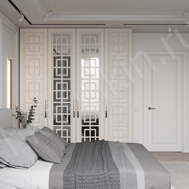 Изображение Шкаф 4 двери Антида Белый Серый Неоклассика 4х створчатые Спальня Для вещей 2