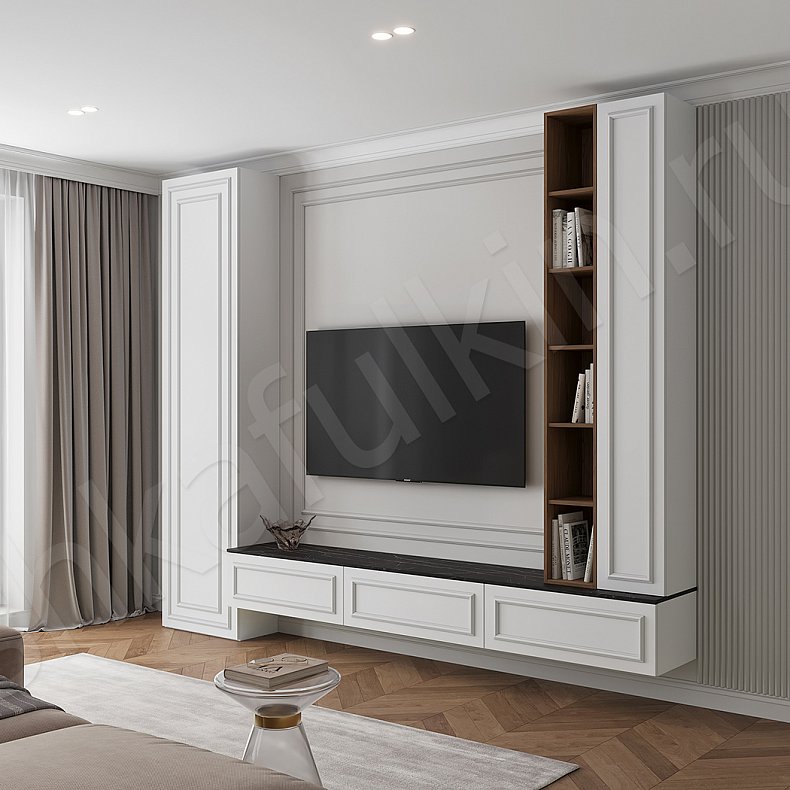 Изображение ТВ-стенка Джорджия Белый Древесный Коричневый Светлые Неоклассика 2х створчатые Гостиная Для книг Для декора Под ТВ 3