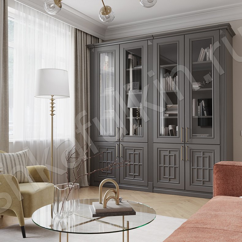 Книжный шкаф Антида Светлые Серый Классика 4х створчатые Гостиная Для книг 1