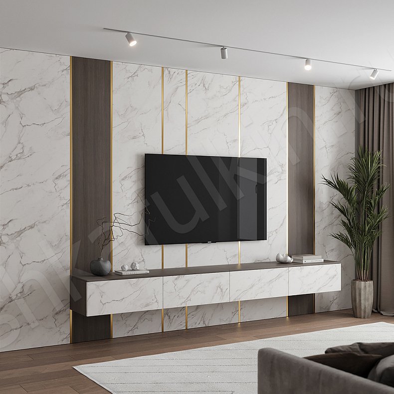 Стеновая панель и тумба Тангенс Светлые Древесный Белый Современный  Гостиная Под ТВ