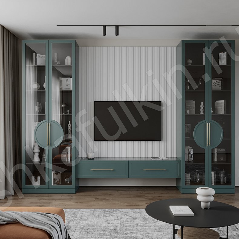 Стенка Омега Зеленый Темные Цветной Неоклассика 2х створчатые Гостиная Для вещей Для посуды Для декора Для книг