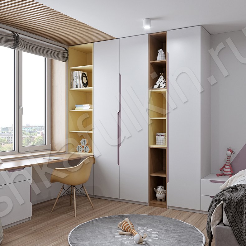 Изображение Детская Бамбини Белый Цветной Синий Светлые Минимализм 3х створчатые Детская Для книг Для декора Для вещей 3