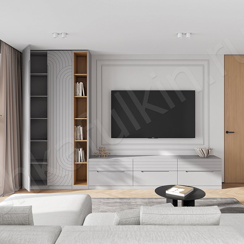 Изображение Стенка со стеллажом Паттерн Серый Светлые Современный  Гостиная Для вещей Под ТВ Для декора Для книг 4