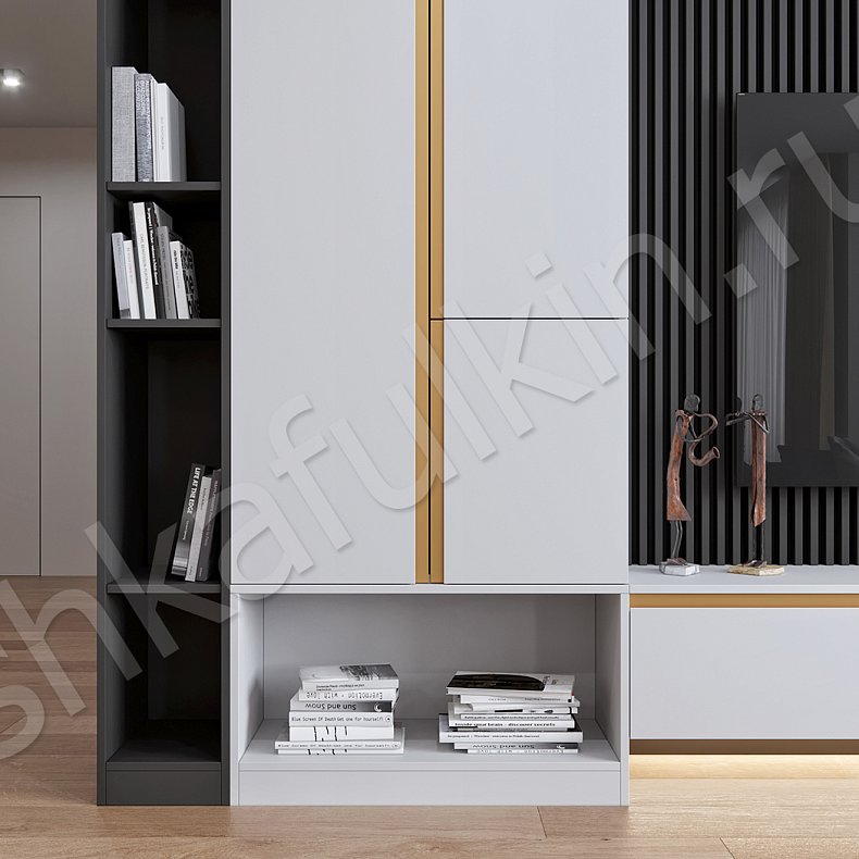 Изображение Стенка Окленд Белый Золото Светлые Модерн 2х створчатые Гостиная Для книг Для декора Под ТВ 3