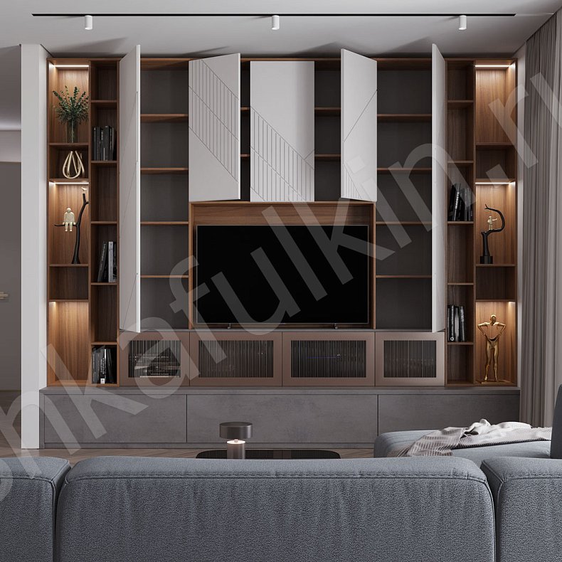 Изображение Стенка Мирра Светлые Белый Древесный Серый Современный Гостиная Для книг Для декора Под ТВ 2