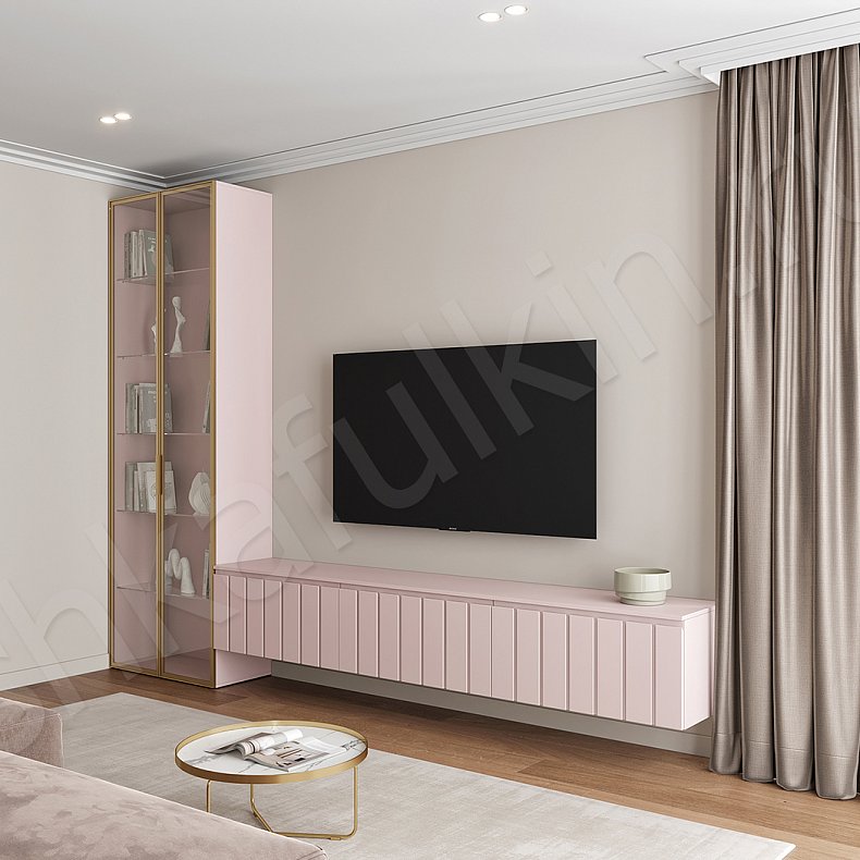 Изображение Стенка Винора Цветной Светлые Розовый Минимализм 2х створчатые Гостиная Под ТВ Для посуды Для декора Для книг 1