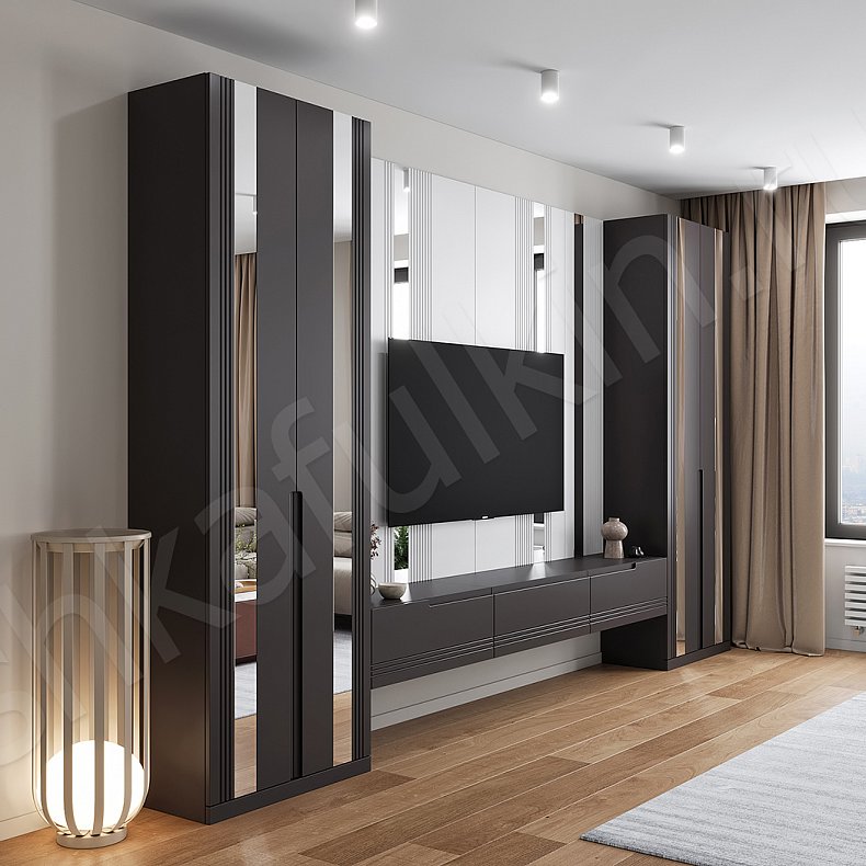 Изображение Стенка Альгеро Черный Коричневый Светлые Темные Современный 2х створчатые Гостиная Под ТВ Для вещей 3