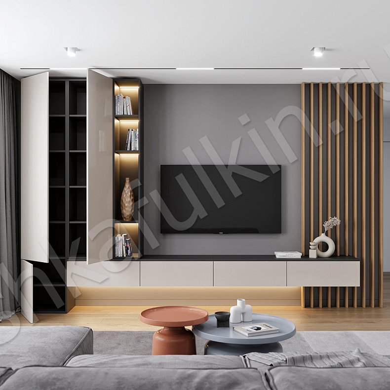 Изображение Стенка Челси Коричневый Светлые Современный 2х створчатые Гостиная Для книг Для декора Под ТВ 1