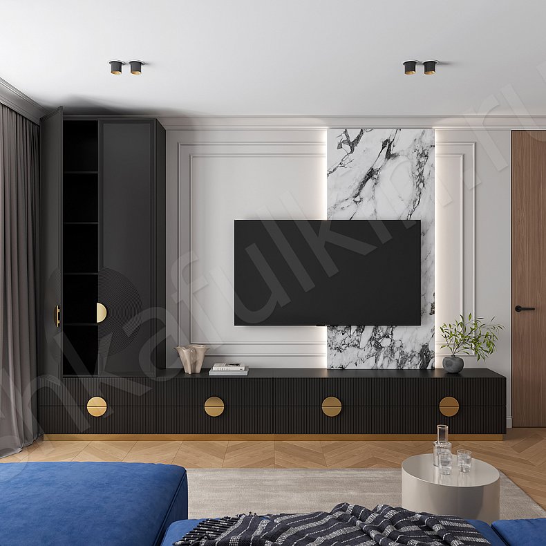 Изображение Стенка Ришелье Черный Темные Неоклассика 2х створчатые Гостиная Для книг Для декора Под ТВ 5