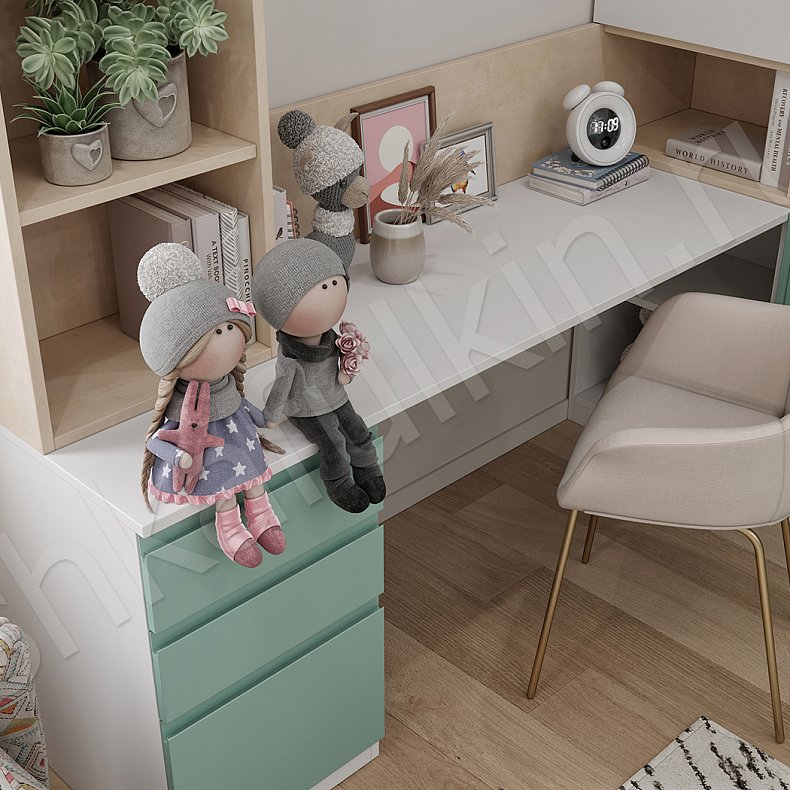 Детская Федерико Белый Цветной Светлые Зеленый Современный 4х створчатые Детская Для книг Для вещей 13