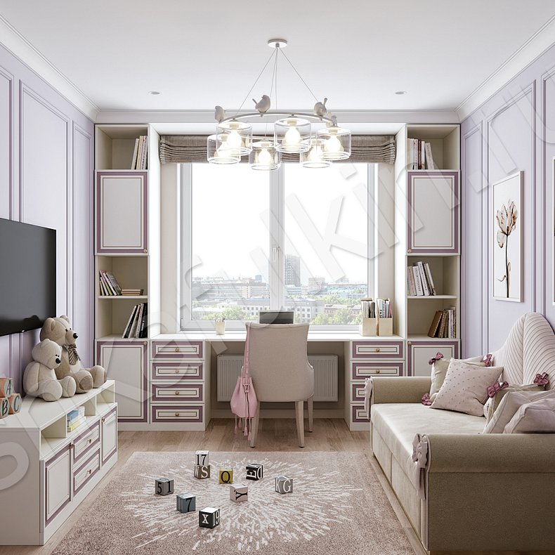 Изображение Детская Лора Белый Цветной Розовый Светлые Зеленый Классика 4х створчатые Детская Для книг Под ТВ Для вещей 9