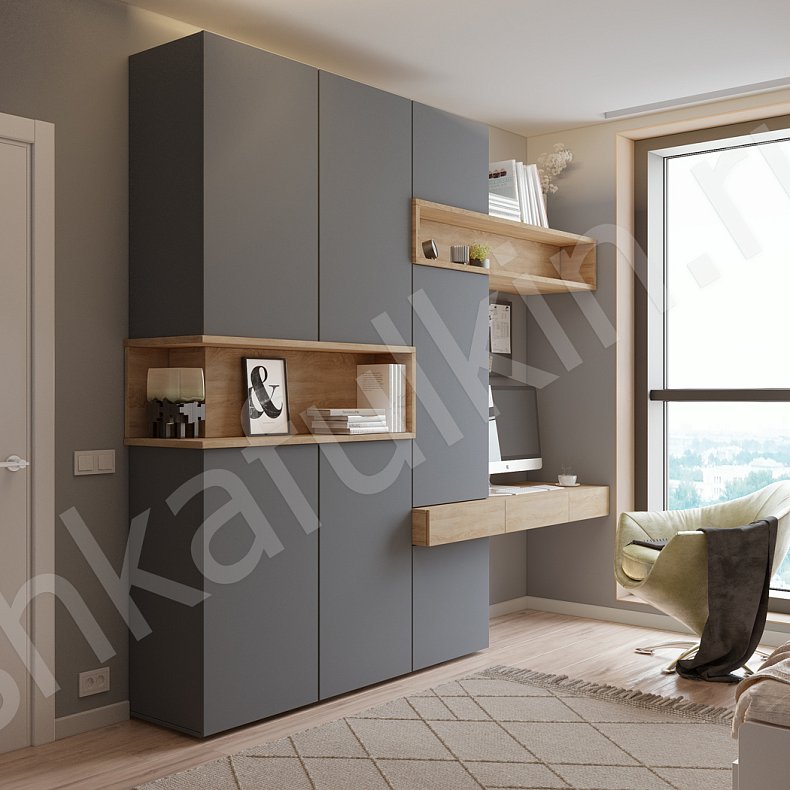 Изображение Шкаф с рабочей зоной Джамбо Светлые Белый Черный Древесный Серый Темные Скандинавский 3х створчатые Спальня Для книг Для декора Для вещей 5