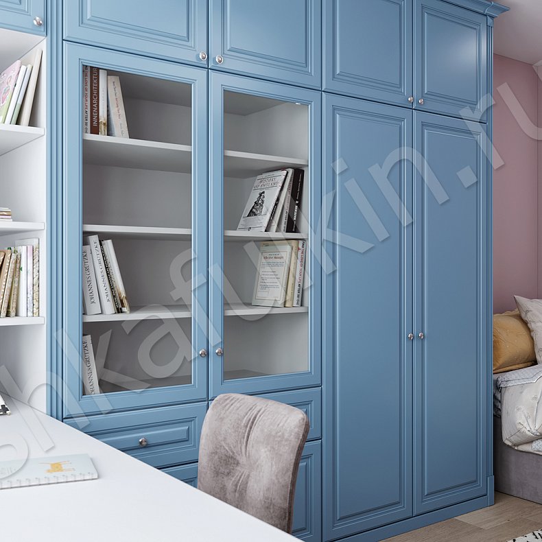 Изображение Мебель в детскую Фелиция Белый Цветной Синий Светлые Классика 4х створчатые Детская Для книг Для декора Для вещей 7