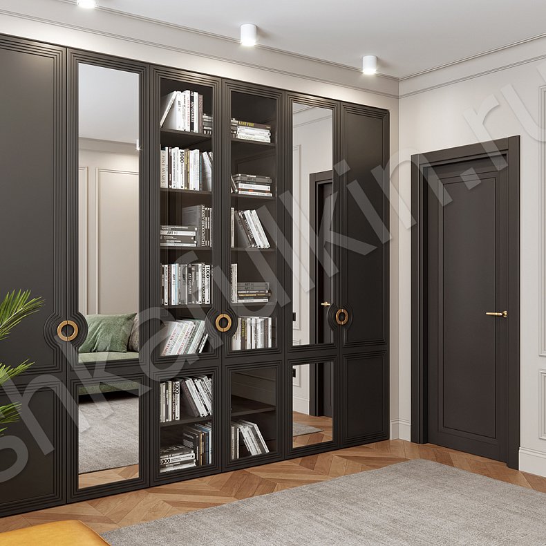 Шкаф-витрина Севилья Черный Золото Темные Неоклассика 4х створчатые Гостиная Для книг Для вещей 6
