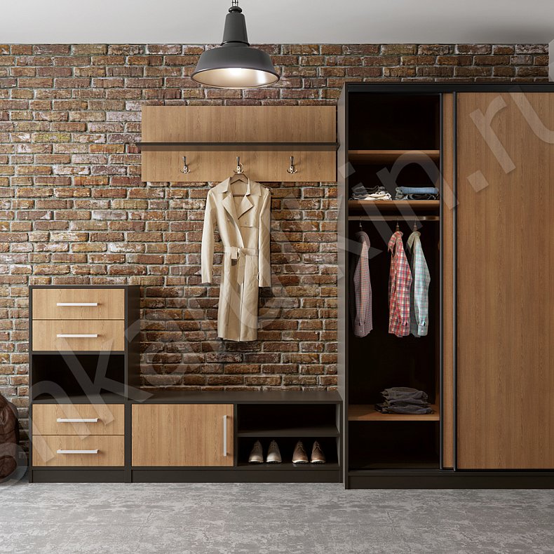 Прихожая Лофт Черный Древесный Светлые Лофт 2х створчатые Коридор Для вещей 5