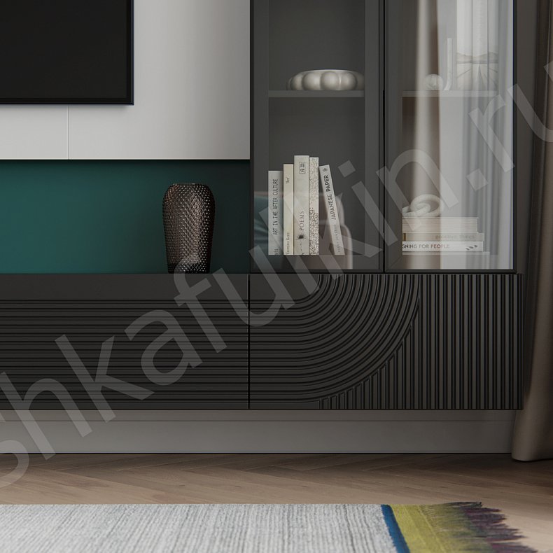 Изображение Стенка с витриной Зингер Темные Черный Неоклассика 2х створчатые Гостиная Для книг Для декора Под ТВ 2