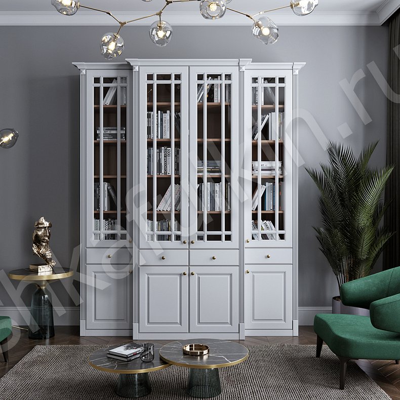 Шкаф Сергиус Белый Цветной Серый Синий Неоклассика 4х створчатые Гостиная Для книг Для декора Для посуды 3