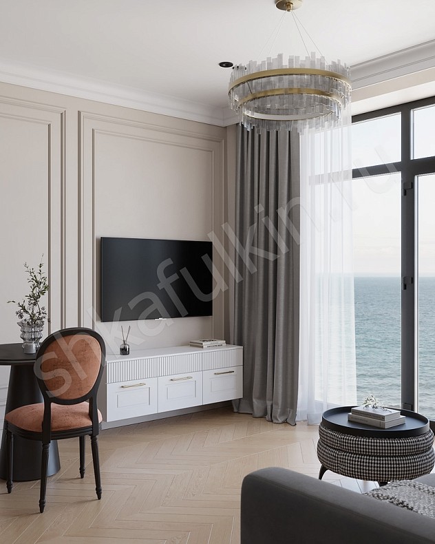 Подвесная тумба  Люмьер Светлые Золото Белый Неоклассика 3х створчатые Гостиная Для вещей Под ТВ