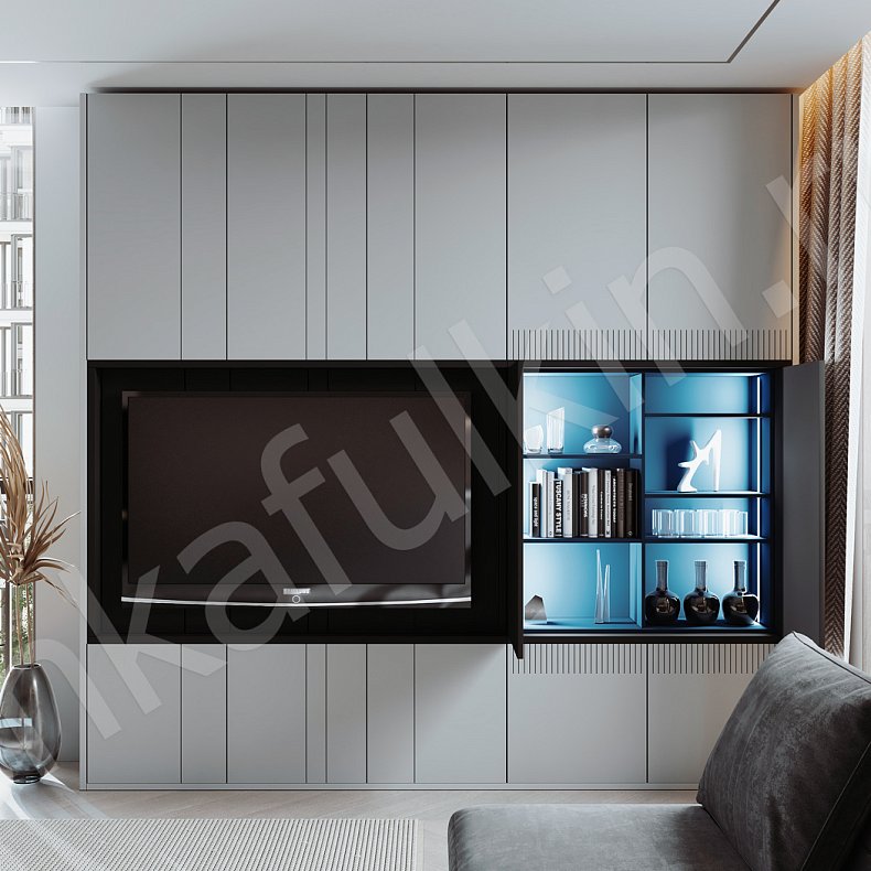 Изображение Стенка Фредерик Черный Светлые Серый Современный 6и створчатые Гостиная Для книг Под ТВ Для вещей 3