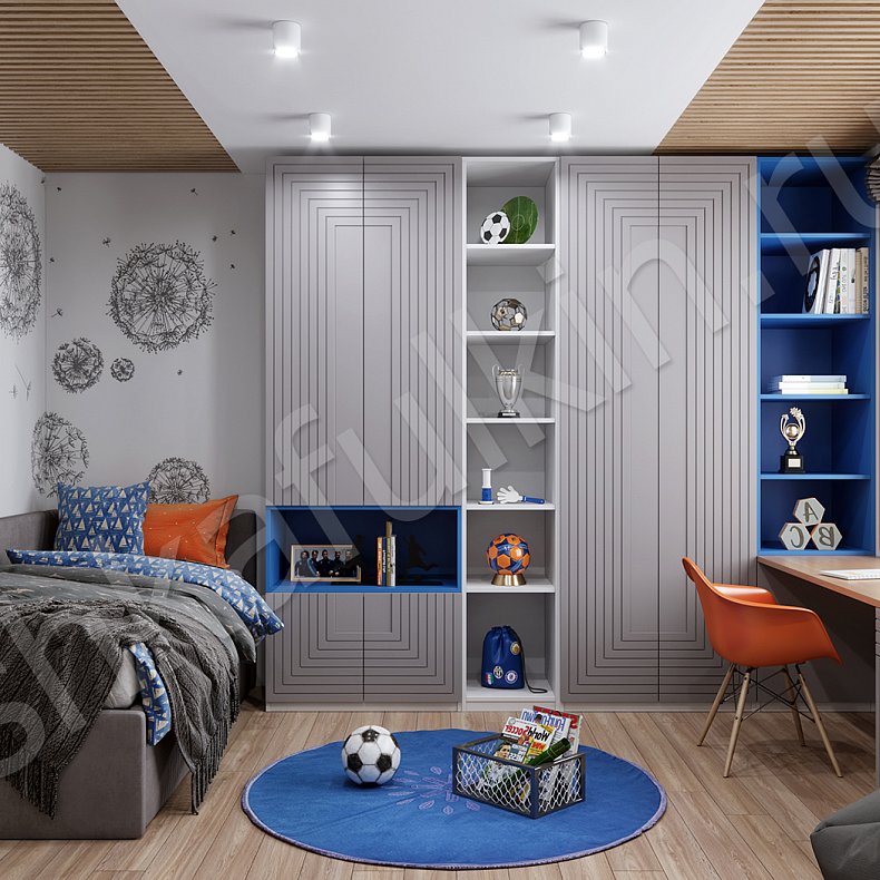 Изображение Детская Максимус Цветной Древесный Серый Синий Светлые Зеленый Минимализм 4х створчатые Детская Для книг Для декора Для вещей 1