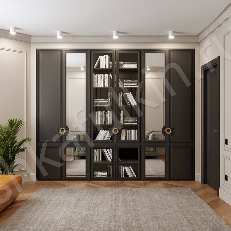 Шкаф-витрина Севилья Черный Золото Темные Неоклассика 4х створчатые Гостиная Для книг Для вещей 5