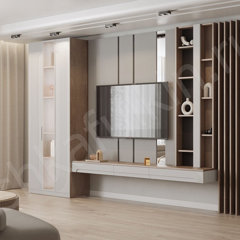 Изображение Стенка Дзен Белый Светлые Современный 3х створчатые Гостиная Для книг Для декора Под ТВ Для вещей 1