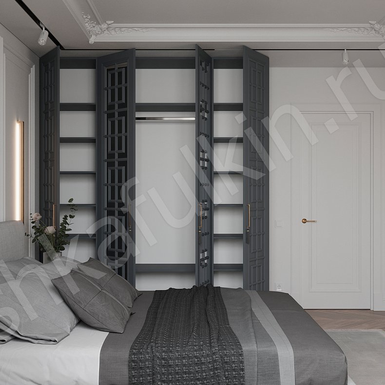 Изображение Шкаф 4 двери Антида Белый Серый Неоклассика 4х створчатые Спальня Для вещей 3
