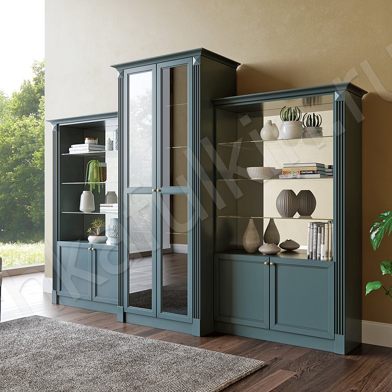 Изображение Стенка Жизель Светлые Белый Синий Темные Классика 2х створчатые Гостиная Для книг Для декора Для посуды 4