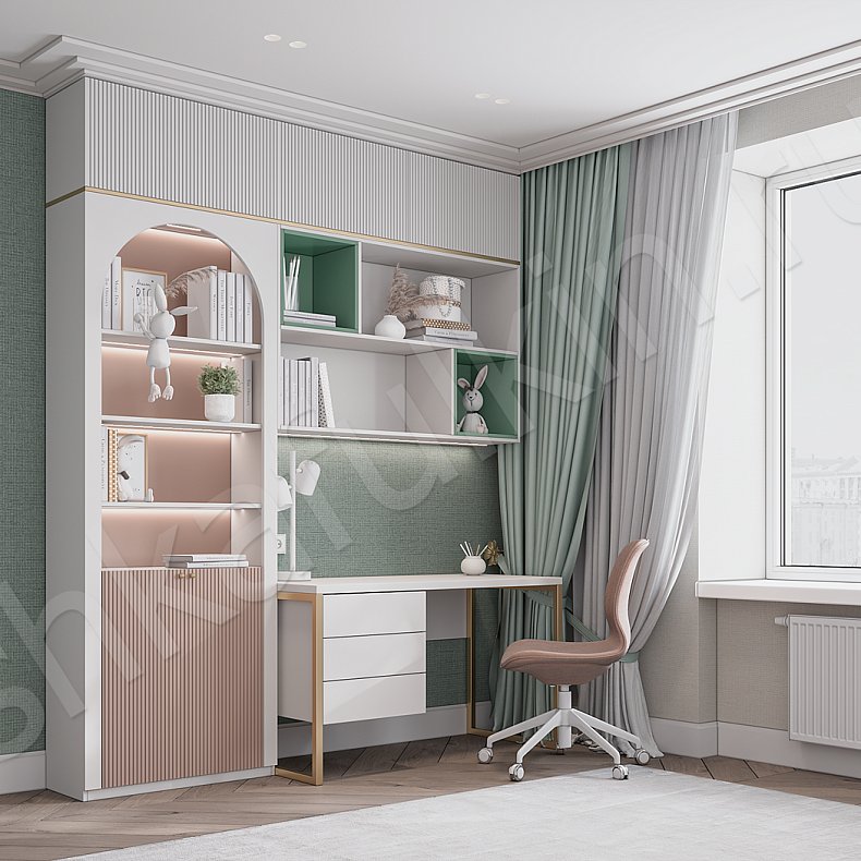 Изображение Детская Ариэль Розовый Светлые Неоклассика 4х створчатые Детская Для книг Для вещей 13