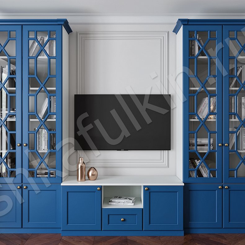Изображение Гарнитур Смит Белый Цветной Синий Светлые Темные Неоклассика 2х створчатые Гостиная Для книг Под ТВ 3
