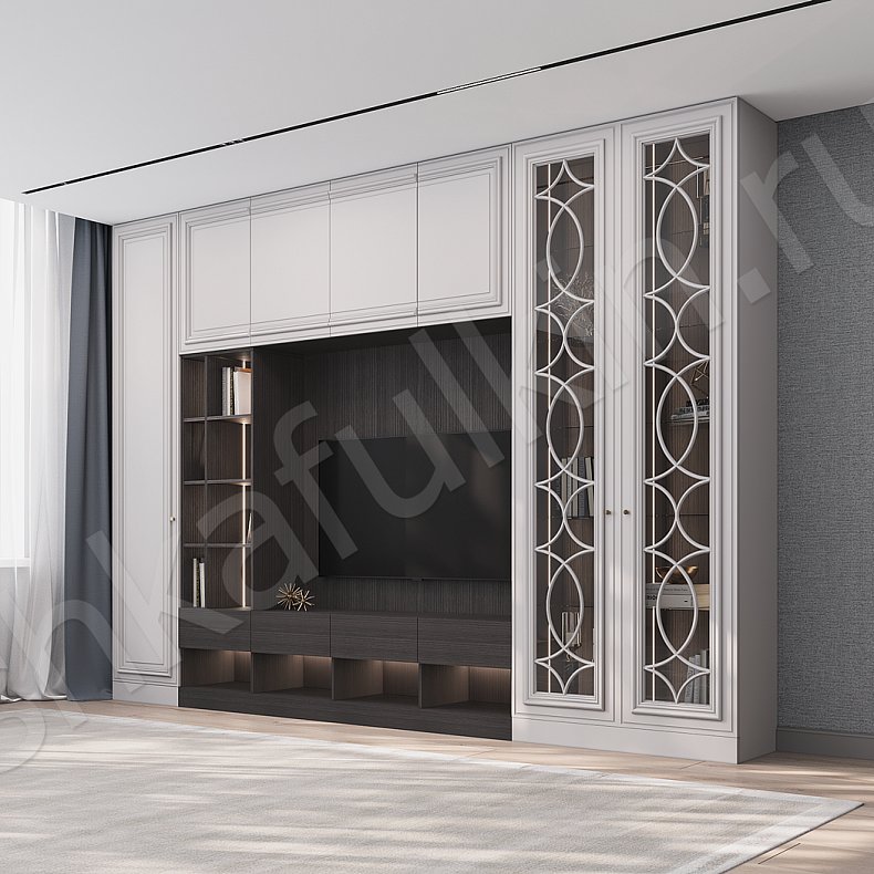 Изображение Стенка Роперро Темные Белый Древесный Светлые Неоклассика 3х створчатые Гостиная Для книг Для декора Под ТВ Для вещей 1